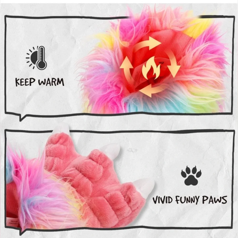Girls Animal Furry Paw Slippers with Non-Slip Suede
